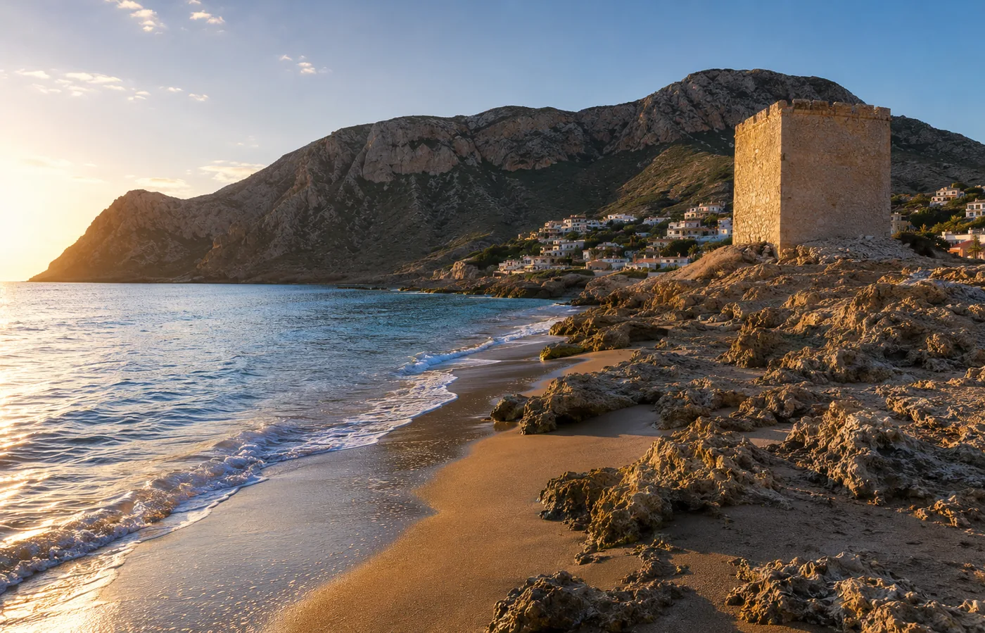 Playa de Cabo Cope con la Torre de Cope del siglo XVI al atardecer